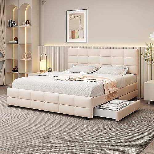 NovaFurnish Polsterbett 180X200cm, Doppelbett mit 4 Schubladen, Lattenrost und Rückenlehne, Hautfreundliches Doppelbett aus Samtstoff für Erwachsene und Jugendliche (Beige, 180X200cm) von NovaFurnish