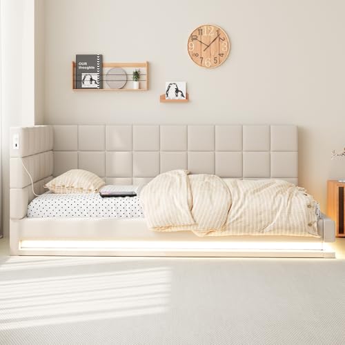 NovaFurnish Polsterbett Schlafsofa 90X200 Multifunktionsbettmit LED Lichtleiste, USB Steckdose und Lattenrost, hautsympathischer Samtstoff beige von NovaFurnish