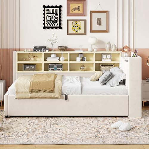 NovaFurnish Polsterbett Schlafsofa 90X200 cm, Mit Hydraulischem Stauraum, Mit Nachtlicht, USB- und Typ-C-Ladeanschluss, Mit Ablagen und Staufächern, Gepolstertes Kopfteil,Samtstoff, Beige NovaFurnish Polsterbett Schlafsofa 90X200 cm, Mit Hydraulischem Stauraum, Mit Nachtlicht, USB- und Typ-C-Ladeanschluss, Mit Ablagen und Staufächern, Gepolstertes Kopfteil,Samtstoff, Beige von NovaFurnish