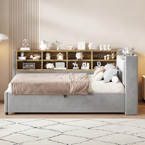 NovaFurnish Polsterbett Schlafsofa 90X200 cm, Mit Hydraulischem Stauraum, Mit Nachtlicht, USB- und Typ-C-Ladeanschluss, Mit Ablagen und Staufächern, Gepolstertes Kopfteil,Samtstoff, Hellgrau NovaFurnish Polsterbett Schlafsofa 90X200 cm, Mit Hydraulischem Stauraum, Mit Nachtlicht, USB- und Typ-C-Ladeanschluss, Mit Ablagen und Staufächern, Gepolstertes Kopfteil,Samtstoff, Hellgrau von NovaFurnish