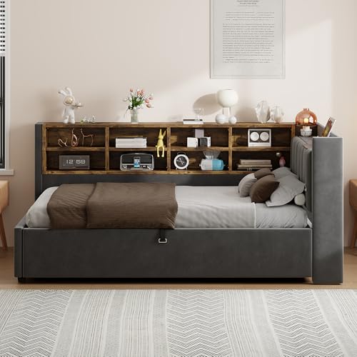 NovaFurnish Polsterbett Schlafsofa 90X200 cm, Mit Hydraulischem Stauraum, Mit Nachtlicht, USB- und Typ-C-Ladeanschluss, Mit Ablagen und Staufächern, Gepolstertes Kopfteil,Samtstoff Dunkelgrau NovaFurnish Polsterbett Schlafsofa 90X200 cm, Mit Hydraulischem Stauraum, Mit Nachtlicht, USB- und Typ-C-Ladeanschluss, Mit Ablagen und Staufächern, Gepolstertes Kopfteil,Samtstoff Dunkelgrau von NovaFurnish