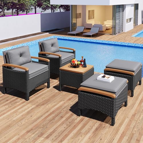NovaFurnish Rattan Balkonset (5-teilig), Akazienplatte mit grauen Kissen, Tragkraft 160 kg von NovaFurnish