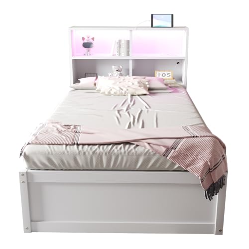 NovaFurnish Schlafsofa 90X200cm, mit Mehrfachsteckdose und Mehreren Staufächern, mit Lichtleiste, hydraulisches Bett, Massivholzbett, Einzelbett, multifunktionales Holzbett (Weiß) von NovaFurnish