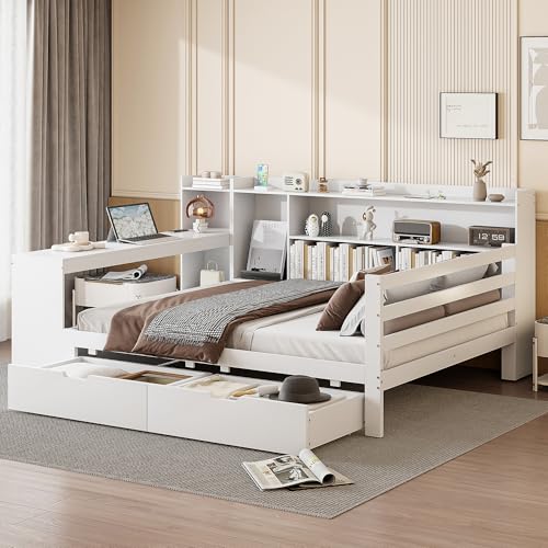 NovaFurnish Schlafsofa aus Massivholz, 140X200cm, Mit Schreibtisch Bücherregal Ablagefächern und Regalen, Mit Steckdose, Mit 2 großen Ablagefächern, Multifunktionales Doppelholzbett(Weiß, 140X200cm) von NovaFurnish