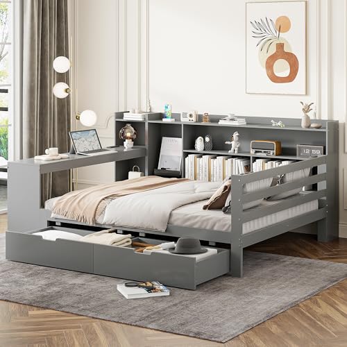 NovaFurnish Schlafsofa aus Massivholz, 140X200cm, Mit Schreibtisch Bücherregal Ablagefächern und Regalen, Mit Steckdose, Mit 2 großen Ablagefächern, Multifunktionales Doppelholzbett (Grau, 140X200cm) von NovaFurnish