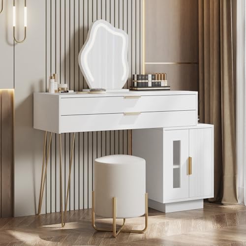 NovaFurnish Schminktisch mit LED-beleuchtetem Spiegel, Weißes Schminktisch-Set mit ausziehbarem Design, moderner Kosmetiktisch für das Schlafzimmer(ohne Hocker) von NovaFurnish