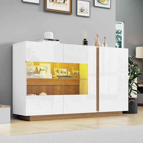 NovaFurnish Sideboard Hochglanz Kommode, weiße Spanplatte mit Glas, Holzsockel, Kommode Schrank Flurschrank 138X38X90.5cm von NovaFurnish