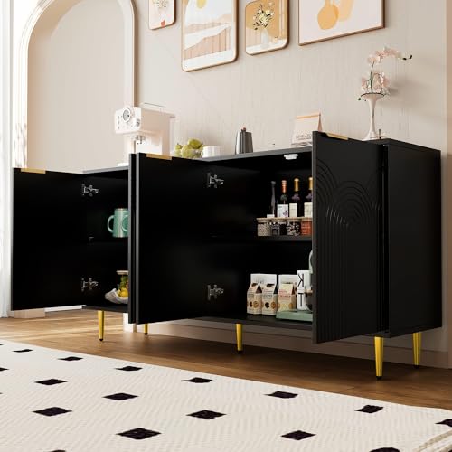 NovaFurnish Sideboard Wohnzimmer, Kommode mit 4 Türen Goldene Gebürstete Griffe und Hochglanz Tischbeine Komodenschrank (Schwarz, 160X40X80cm) von NovaFurnish