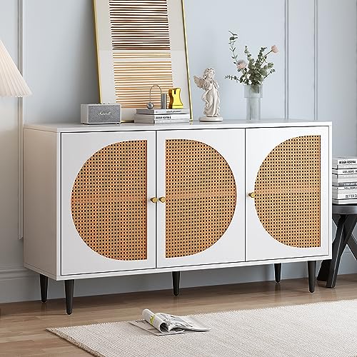 NovaFurnish Sideboard mit 3 Rattan verzierten Türen Kommode Highboard mit Metallgriffe, für Schlafzimmer & Wohnräume & Büro, 129.8x40x76cm Weiß von NovaFurnish