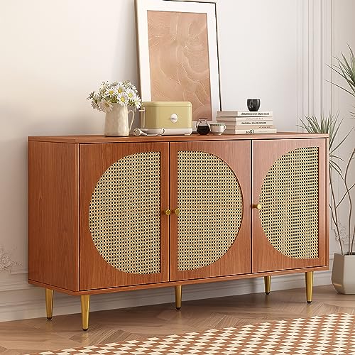 NovaFurnish Sideboard mit 3 Rattan verzierten Türen Kommode Highboard mit Metallgriffe, für Schlafzimmer & Wohnräume & Büro, Nussbaum 129.8X 40x 76cm von NovaFurnish