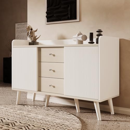 NovaFurnish Sideboard mit DREI Schubladen, Exquisite Maserung. Moderne Holzfarbe-Sideboard mit Stauraumregalen. L117,5 cm (Weiß und Holz) von NovaFurnish