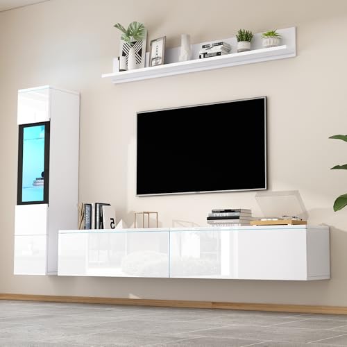 NovaFurnish TV Wohnwand Set 3-teilig LED Beleuchtung Hochglanz Weiß Wohnzimmer Möbel Set Frontale Wohnwand Weiß 1XTV Schrank, 1XWohnzimmer Vitrine, 1XHängeregal (Weiß, 180X33X130cm) von NovaFurnish
