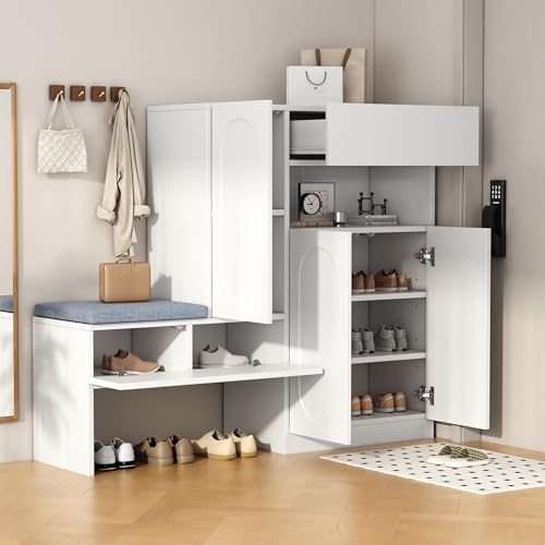 NovaFurnish Trendiger 2-in-1 Schuhschrank mit gewölbten Türen – Klapptür mit Soft-Close-Funktion, höhenverstellbaren Fächern und gepolsterter Sitzbank(Weiß, 130×35×110cm) von NovaFurnish