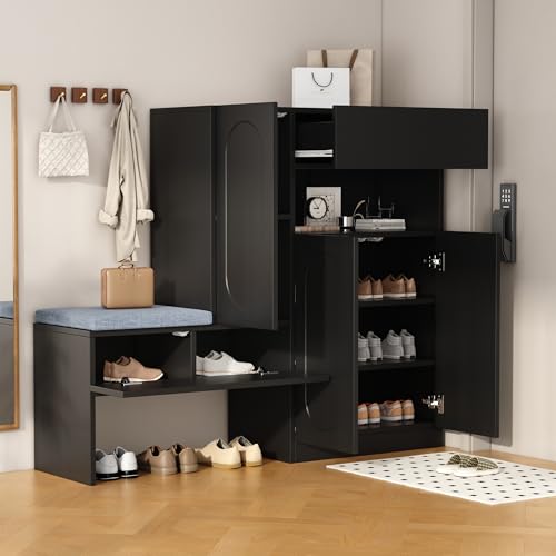 NovaFurnish Trendiger 2-in-1 Schuhschrank mit gewölbten Türen – Klapptür mit Soft-Close-Funktion, höhenverstellbaren Fächern und gepolsterter Sitzbank (Schwarz, 130×35×110cm) von NovaFurnish