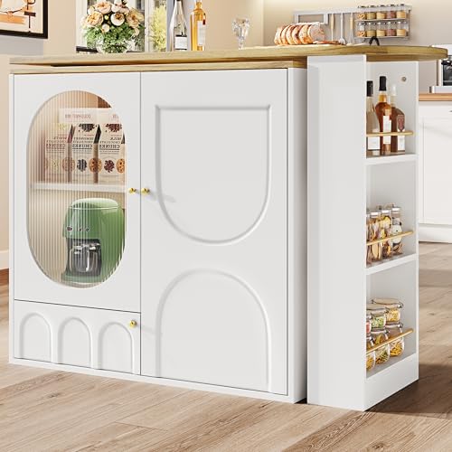 NovaFurnish Um 360° drehbarer Bartisch, Stehtisch (Korpus 138 x 39 x 102 cm), Kaffeebarmöbel, drehbare Esstheke mit Stauraum, Kücheninsel, DREI Türen mit Türregalen,herausnehmbare Trennwände (Weiß) von NovaFurnish