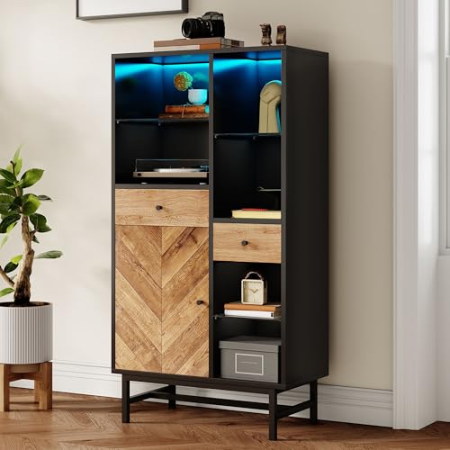 NovaFurnish Vitrine, Vitrine mit 12-farbigem LED-Lichtband, Küchenschrank mit Schubladen und Glasböden, dreieckige Holzmaserung (80X40X150,5cm) von NovaFurnish
