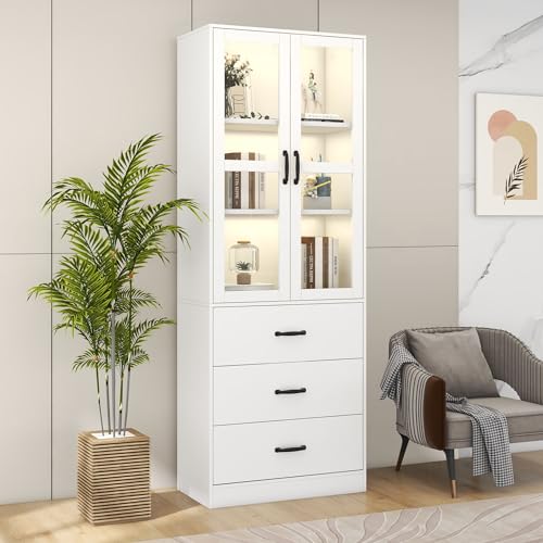 NovaFurnish Weiße Vitrine 200 cm hoch, Standvitrine mit 3 Schubladen und 2 beweglichen Trennwänden, 2 Glastüren, LED-Beleuchtung - eine stilvolle Ergänzung für Ihre Sammlung! (60X40X200cm) von NovaFurnish
