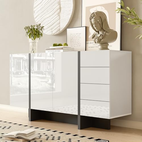 NovaFurnish Weißer Hochglanz-Sideboard, moderner und Schlichter Anrichte mit 2 Türen und 4 Schubladen, leicht zu reinigen, ideal für Wohnzimmer oder Esszimmer von NovaFurnish