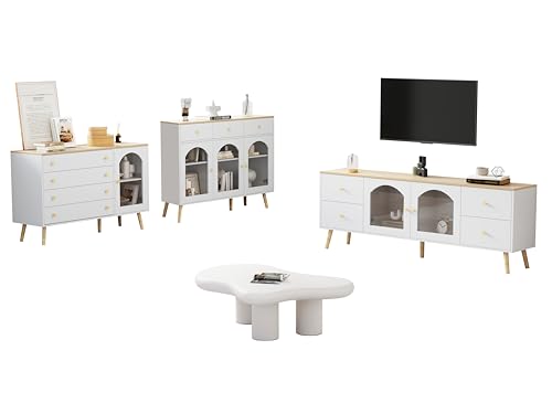 NovaFurnish Wohnzimmergarnitur, 1 unregelmäßiger wolkenförmiger Couchtisch, 2 farblich abgestimmte weiße Anrichten aus Holz, 1 TV-Ständer(40X120X77.5CM+34X120X*94cm) von NovaFurnish