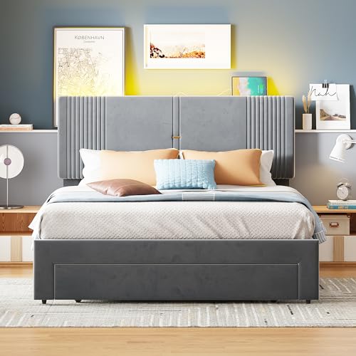 Polsterbett 140 x 200 cm, Doppelbett mit Lichtleiste und USB-Buchse, Rückenlehne und großer Schublade, hautfreundliches Doppelbett in Samtstoff, geeignet für Erwachsene und Jugendliche, Grau von NovaFurnish