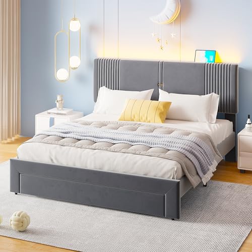 Polsterbett 160 x 200 cm, Doppelbett mit Lichtleiste und USB-Buchse, Rückenlehne und großer Schublade, hautfreundliches Doppelbett in Samtstoff, geeignet für Erwachsene und Jugendliche, Grau Polsterbett 160 x 200 cm, Doppelbett mit Lichtleiste und USB-Buchse, Rückenlehne und großer Schublade, hautfreundliches Doppelbett in Samtstoff, geeignet für Erwachsene und Jugendliche, Grau von NovaFurnish