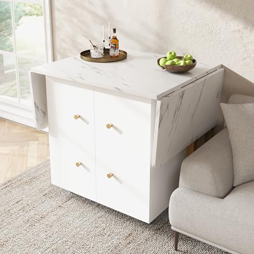 Tragbarer Esstisch, klappbare Tischplatte, marmorierte Tischplatte, geeignet für Esszimmer, Wohnzimmer, verstellbare Trennwände, große Ablagefächer, 6 Rollen (2 feststellbar) (Golden+White) von NovaFurnish