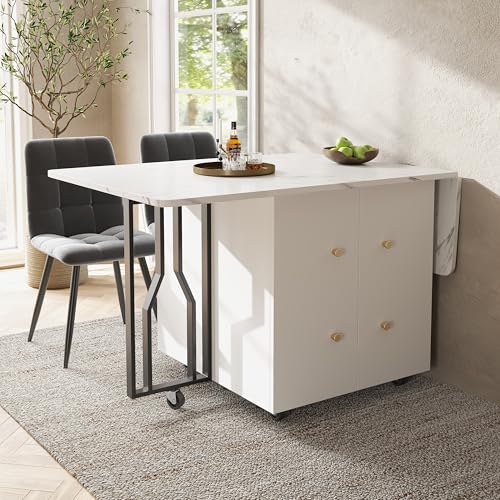 Tragbarer Esstisch, klappbare Tischplatte, marmorierte Tischplatte, geeignet für Esszimmer, Wohnzimmer, verstellbare Trennwände, großes Staufach, 6 Rollen (2 feststellbar) (White+Black) von NovaFurnish