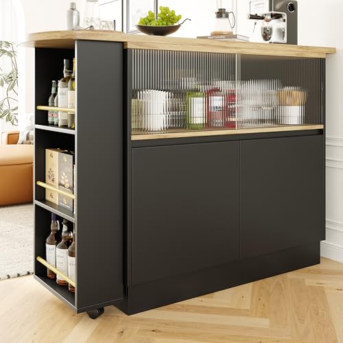 Um 360° drehbare Essbar (Hauptkörper 90 x 45 x 100 cm), modernes, einfaches, multifunktionales, drehbares Sideboard mit Ablageflächen und Glas, geeignet für Küchen und Restaurants (Schwarz) von NovaFurnish