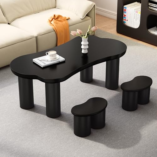 Unregelmäßiger Couchtisch in Knochenform mit 2 kleinen Bänken, großer Couchtisch, Tischplatte aus MDF und Beine aus PVC mit Filzboden (Schwarz, 113X58X40.5+42X22.5X24.5cm) von NovaFurnish