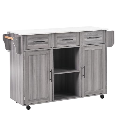 großer Servierwagen/Beistellschrank, graues Massivholz-Furnier für den Korpus + weiße Marmor-Furnierdekoration für die Arbeitsplatte, Schrank/klappbare Arbeitsfläche/Stauraumtüren/r (graues) von NovaFurnish