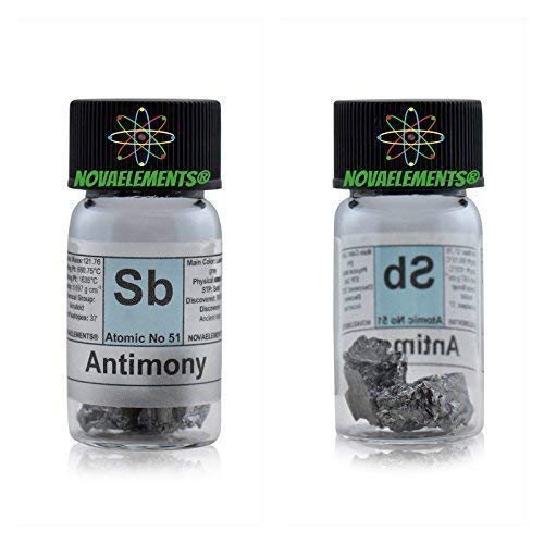 Antimon Element 51 Sb, Meister Pure 5 Gramm 99,99% in Ampoule aus Glas mit Etikett von Novaelements