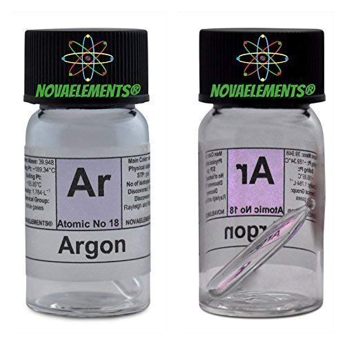 Argon Gas Element 18 Ar, Gas Dünner 99,99% in Mini Ampulle und Ampoule aus Glas mit Etikett von Novaelements