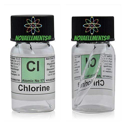 Chlor Element 17 CL, Mischung mit Helium in Mini Ampulle und Ampoule aus Glas mit Etikett von Novaelements