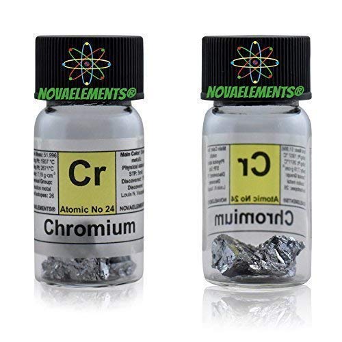 Chrom Metallische Element 24 Cr, 5 Gramm 99,8% in Ampoule aus Glas mit Etikett von Novaelements