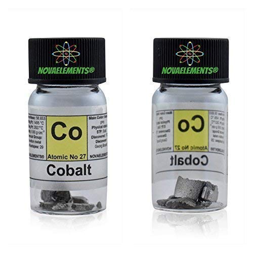 Cobalt Metallic Element 27 Co, Eingefärbtes 2 Gramm 99,99% in Ampoule aus Glas mit Etikett von Novaelements