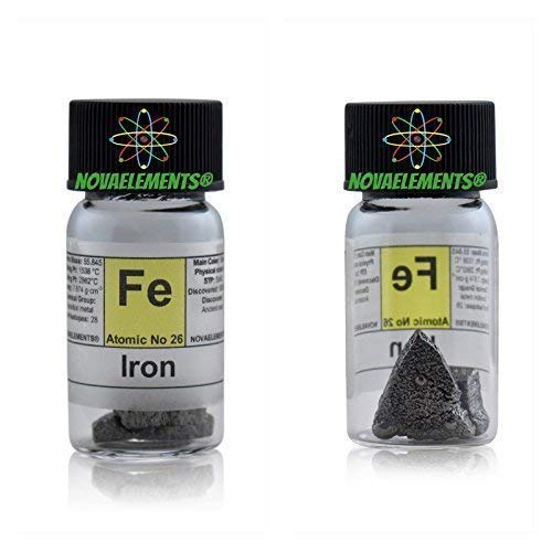 Eisen Metall Element 26 Fe, Stück 99,99% 5 Gramm in Ampoule aus Glas mit Etikett von Novaelements