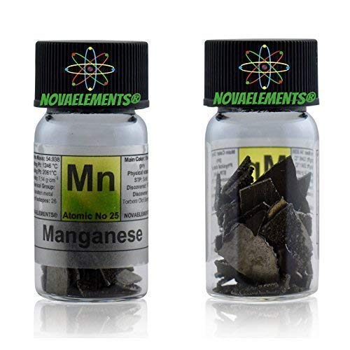 Mangan Metall Element 25 Mn, Schleifen 10 Gramm in Ampoule aus Glas mit Etikett von Novaelements