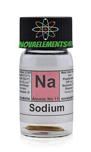 Natrium Element 11 NA, 20 Milligramm unten Argon in Mini Ampulle und Fläschchen Glas mit Etikett von Novaelements