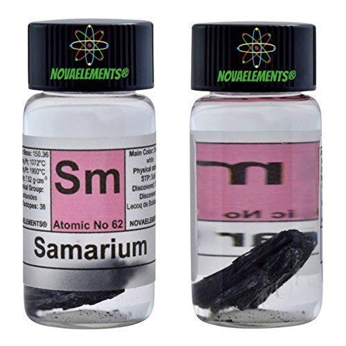 Samarium Element 62 Sm, Meister Pure1 Feingold 99,9% in Ampoule aus Glas mit Etikett von Novaelements