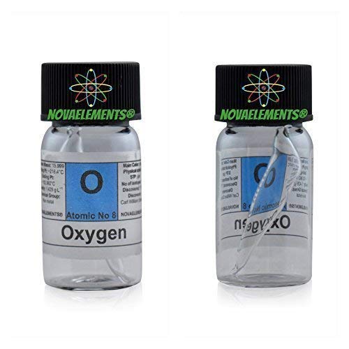 Sauerstoff +99% Gas Element 8 O, in Mini Ampulle und Ampoule aus Glas mit Etikett von Novaelements