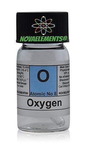 Sauerstoff Element 8 O, Gas Dünner in Mini Ampulle und Ampoule aus Glas mit Etikett von Novaelements