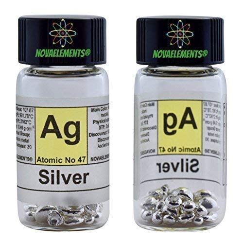 Silber Metallische Element 47 Ag, Weltmeister Rein 5 Gramm 99,99% in Ampoule aus Glas mit Etikett von Novaelements