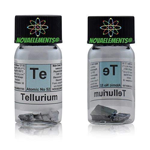 Vergoldetem Tellurium Element 52 Te, Meister Pure 2 Gramm 99,99% in Ampoule aus Glas mit Etikett von Novaelements