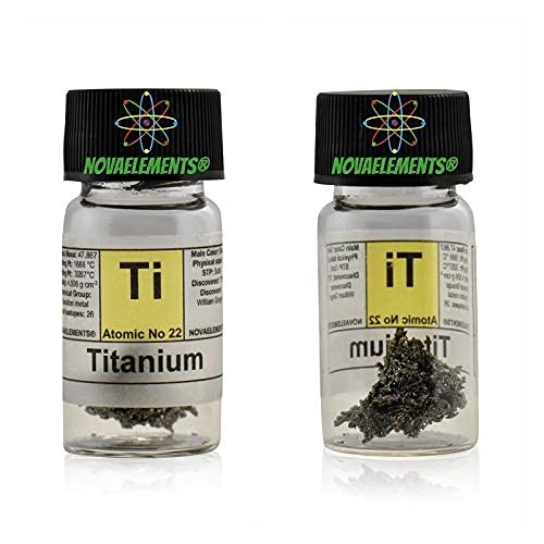 Titan metallische Element 22 ti, pellets glänzend 5 Gramm 99,9% in Fläschchen aus Glas mit Etikett von Novaelements