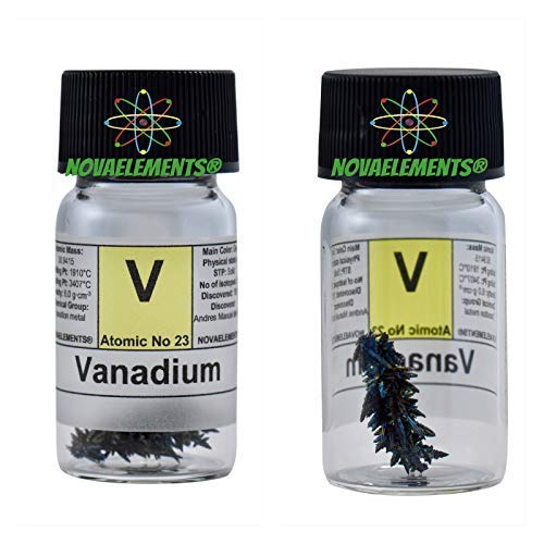 Vanadium Metallische Kristalle Element 23 V, 1 Feingold 99,9% in Ampoule aus Glas mit Etikett von Novaelements