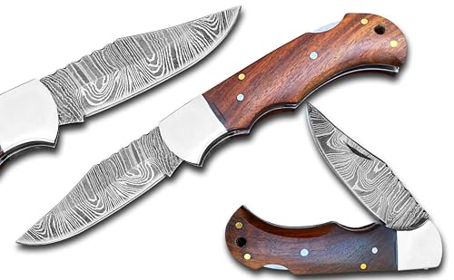 Novahaven Damaststahl Taschenmesser – Klappmesser für EDC, Jagd, Camping & Survival mit Holz-, Knochen- oder Harzgriff – Outdoor Geschenk-Messer (Mehrere Farben) (Naturholz) von Novahaven