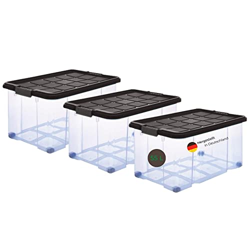 Novaliv 3x Aufbewahrungsboxen mit Deckel Rollen 55l 61x40x34 transparent Grau Anthrazit Kunststoffbox mit Deckel Stapelkiste Verstauboxen Spielzeugkisten Stapelbox von Novaliv