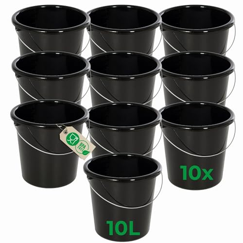 Novaliv 10 Stück Eimer 10L Schwarz mit Maßeinteilung - Putzeimer 10 Liter ? 28,5 cm Praktischer Allrounder mit Skala für Haushalt & Garten ideal als Haushaltseimer, Wassereimer, Wischeimer, Bucket von Novaliv