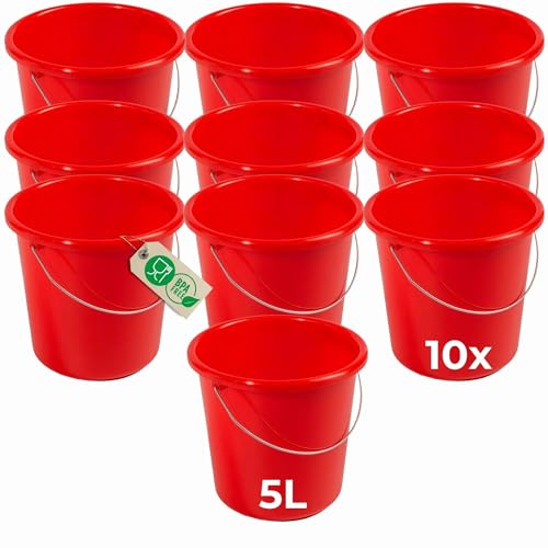 Novaliv 10 Stück Eimer 5L Rot mit Maßeinteilung - Putzeimer 5 Liter ? 22,5 cm Praktischer Allrounder mit Skala für Haushalt & Garten ideal als Haushaltseimer, Wassereimer, Wischeimer, Bucket von Novaliv