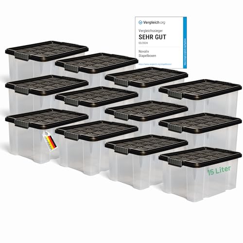 Novaliv 12x Aufbewahrungsboxen mit Deckel 15L Anthrazit Nestbar stapelbare Storage boxes mit Clipverschluss Kunststoffbox BPA-frei 41 x 29 x 20 cm von Novaliv